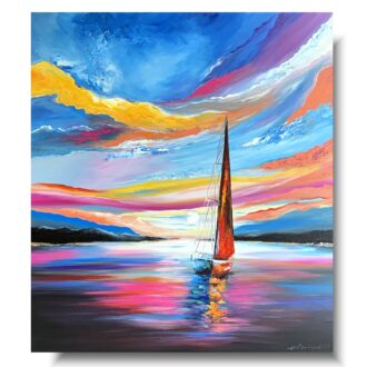 Kolorowy obraz przedstawiający żaglówkę płynącą po spokojnej wodzie o zachodzie słońca, z dynamicznym niebem w intensywnych odcieniach niebieskiego, różowego, żółtego i pomarańczowego.