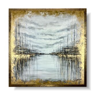 Elegancki marynistyczny złoty obraz, Obraz abstrakcyjny złote miasto, obraz złoty pałac, obraz złote miasto, obraz w ramie, obraz 100x100, obraz do salonu