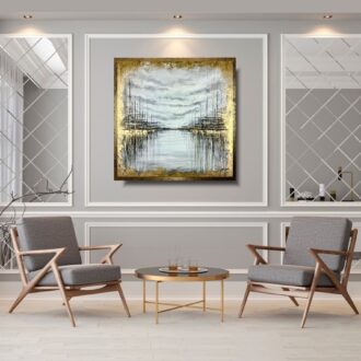 Elegancki marynistyczny złoty obraz, Obraz abstrakcyjny złote miasto, obraz złoty pałac, obraz złote miasto, obraz w ramie, obraz 100x100, obraz do salonu