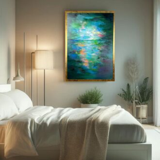 Nowoczesna abstrakcja obraz w odcieniach turkusu i zieleni do sypialni