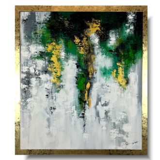 Nowoczesny obraz w ramie, zielony obraz ze złotem, obrazy współczesne, obrazy na zamówienie, obrazy abstrakcje, obraz ze złotem, obrazy do salonu, obrazy ręcznie malowane na płótnie