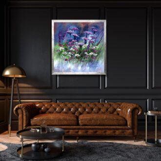 obraz do pokoju fioletowa łąka, obraz w srebrnej ramce, obrazy na zamówienie, namalowane obrazki, obrazy pejzaże kwiaty