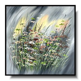 Obraz brązowo zielone kwiaty, szary obraz z kwiatami, obraz w ramie, obraz do salonu, obrazy w szarej ramie, obrazy w ramach, obrazy do kancelarii prawnej, obraz z brązowymi kwiatami, obraz polska łąka