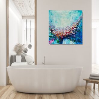 Obraz niebieskie kwiaty malowane, mały obraz, obraz łąka kwiatowa, obraz 50x50, obrazy kwiaty, tanie obrazy, obrazy ikea, obraz do łazienki, wiosna obrazy, nowoczesne obrazy kwiaty