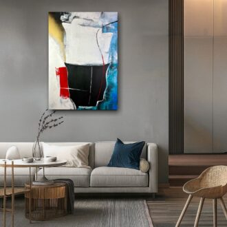 Nowoczesny obraz abstrakcyjny z czarną centralną formą, białym tłem oraz akcentami czerwieni, złota i niebieskiego, utrzymany w minimalistycznym stylu. Obraz w salonie