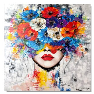 Obraz portret ręcznie malowany, kolorowy portret, obraz 100x100, obrazy do salonu, obrazy na płótnie