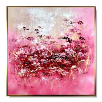 Obraz premium karminowa łąka, różowa kwiatowa łąka, obraz różowo zloty, obraz z różowymi kwiatami, obraz w złotej ramie, obraz kwiaty, kwiaty obrazy, obraz premium