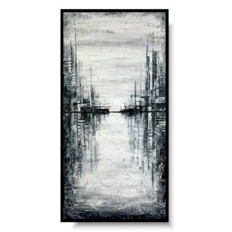 Pionowa czarno biała abstrakcja, szary obraz abstrakcja, obraz pionowy, obraz miasto w ramie, obraz na korytarz, designerskie obrazy do salonu, obrazy loft