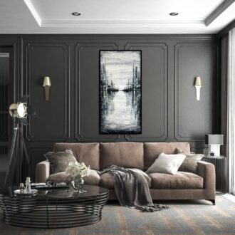 Pionowa czarno biała abstrakcja, szary obraz abstrakcja, obraz pionowy, obraz miasto w ramie, obraz na korytarz, designerskie obrazy do salonu, obrazy loft