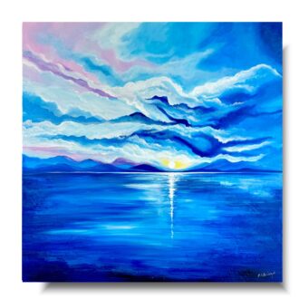 Pejzaż morski wschód słońca, obraz marynistyczny, obraz morze, obrazy o tematyce morskiej, niebieski obraz, obraz wschód słońca, duży obraz, obraz 100x100, obraz ręcznie malowany, Pejzaż morski wschód słońca