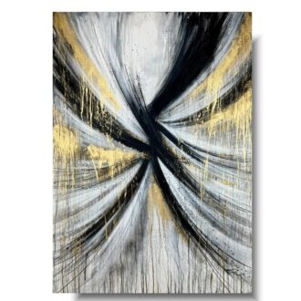 Czarno biała duża abstrakcja, abstrakcja czarno biała, złota obraz abstrakcyjny, obraz ze złotem, pionowy duży obraz, obrazy na korytarz