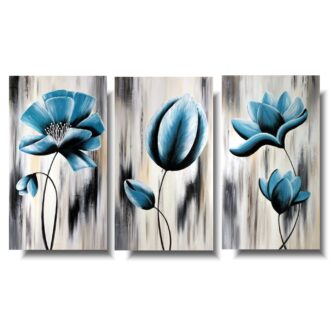 Tryptyk komplet obrazów, Obraz tryptyk, komplet obrazów, trzy obrazy do salonu, turkusowe kwiaty, obrazy kwiaty, obrazy z kwiatami, obrazy strukturalne