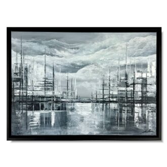 obrazy szara abstrakcja, obrazy abstrakcje nostalgiczne miasto, szary obraz miasto abstrakcja w ramie
