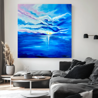 Pejzaż morski wschód słońca, obraz marynistyczny, obraz morze, obrazy o tematyce morskiej, niebieski obraz, obraz wschód słońca, duży obraz, obraz 100x100, obraz ręcznie malowany, Pejzaż morski wschód słońca