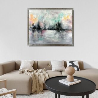 Nowoczesny obraz abstrakcyjny inspirowany naturą w odcieniach szarości, mięty i różu