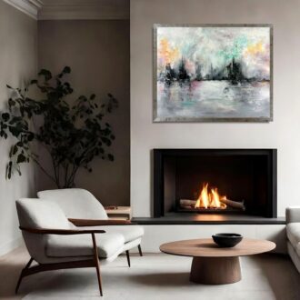 Nowoczesny obraz abstrakcyjny inspirowany naturą w odcieniach szarości, mięty i różu