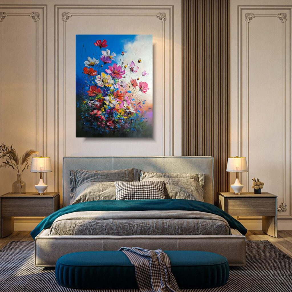 Nowoczesny obraz kwiaty jako obraz nas łóżkiem