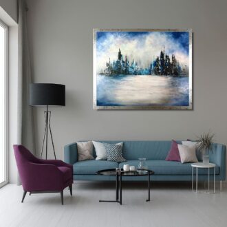 Obraz abstrakcyjny miasto w srebrnej ramie jako obraz do salonu